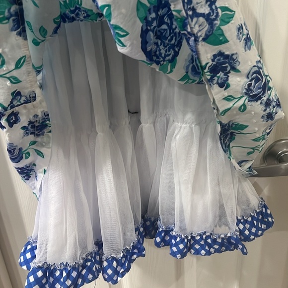 NANNETTE GIRL BLUE/WHITE FLORAL POLY/COTTON PETTICOAT FLUTTER SLEEVE DRESS - Picture 3 of 9